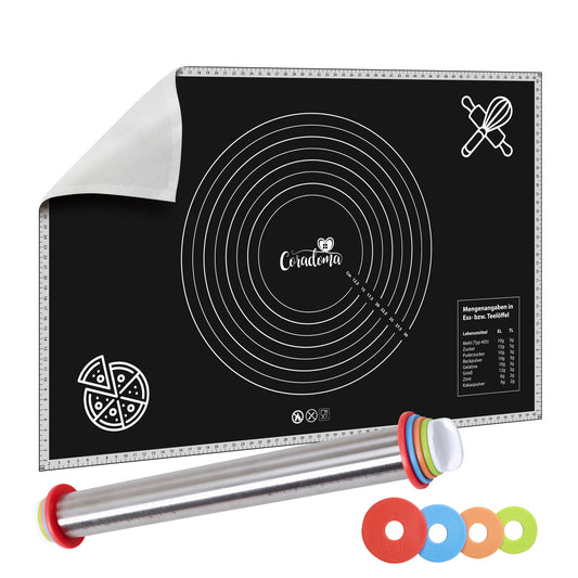 Coradoma® Silikon Backmatte 60x40 cm mit Edelstahl Teigroller | Dauerbackfolie zum Backen