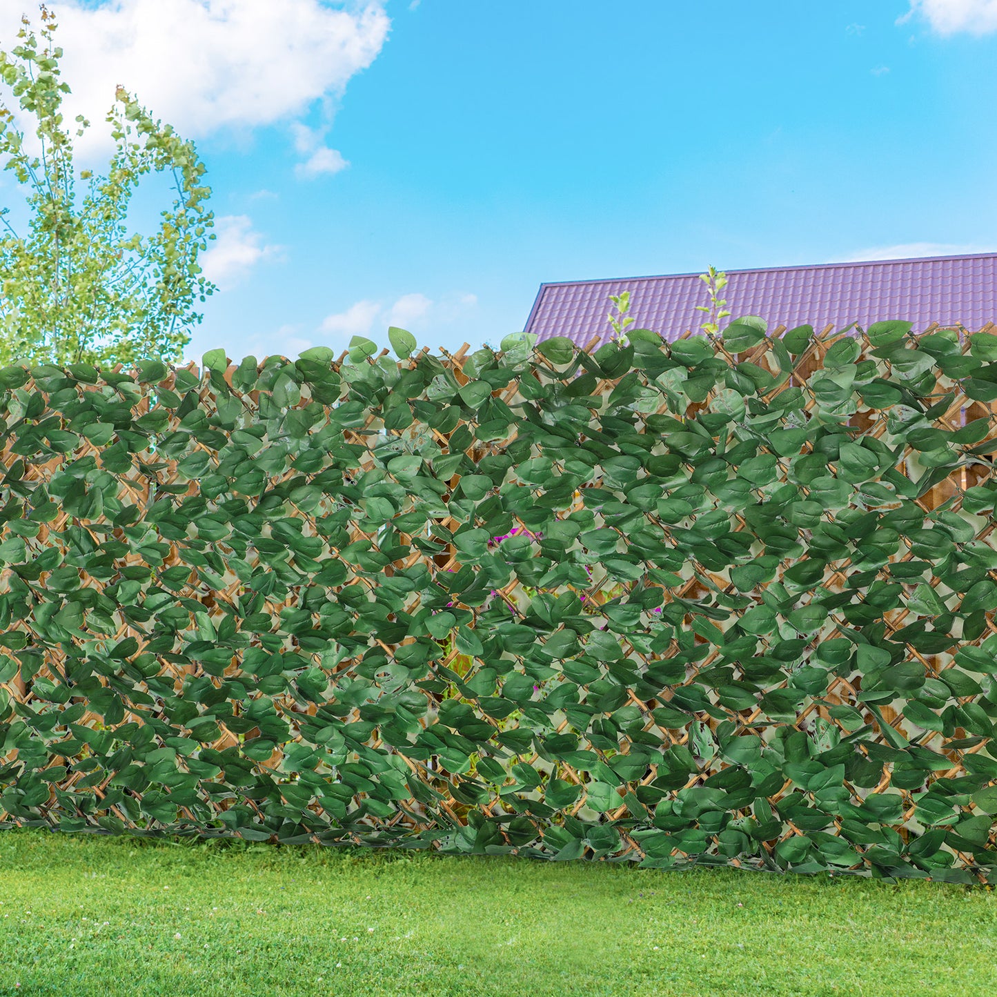 Coradoma® Gitterzaun aus Weide mit künstlichem Blattwerk – 100x200cm ausziehbarer Sichtschutz Deko