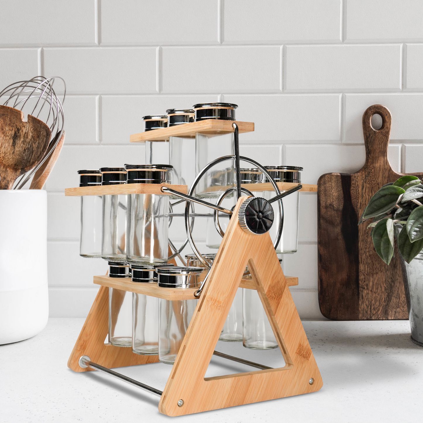 Coradoma® Gewürzregal aus Holz, drehbares Gewürzkarussell mit 15 Gewürzgläsern