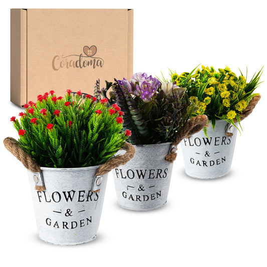 Coradoma® Kunstblumen im Topf 3er Set, Künstliche Pflanzen Dekoration