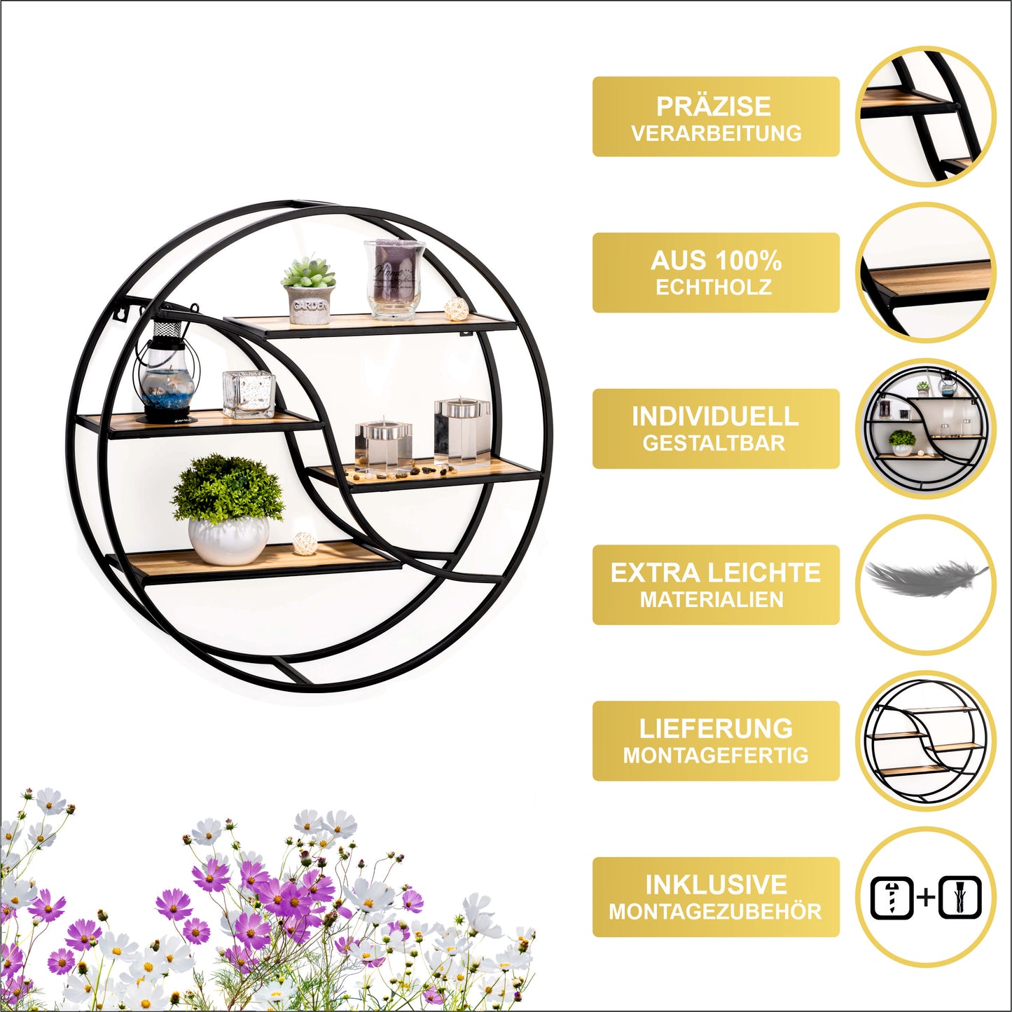 Coradoma® Wandregal Rund/Metall - Hängeregal für Wohnzimmer 56x14cm Moderne Dekoration