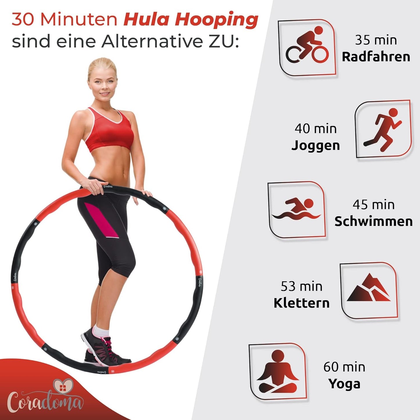 Coradoma® Hula Hoop Reifen 1,2kg für Anfänger & Fortgeschrittene | Wellen zur Massage | inkl. Tasche, Workout Plan und Maßband