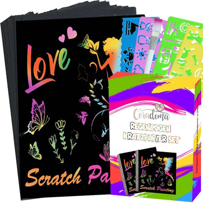 Coradoma® Regenbogen Kratzpapier Set – 50 Bögen Scratch Art für Kinder