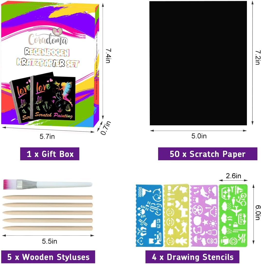 Coradoma® Regenbogen Kratzpapier Set – 50 Bögen Scratch Art für Kinder