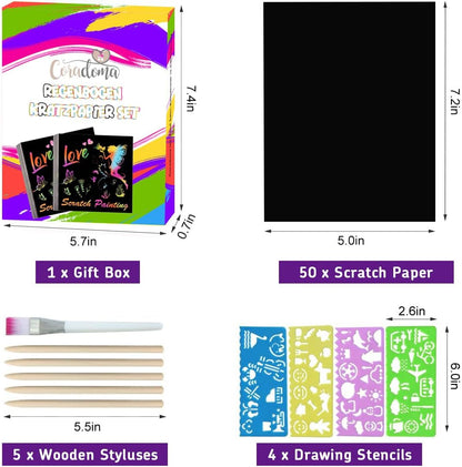 Coradoma® Regenbogen Kratzpapier Set – 50 Bögen Scratch Art für Kinder