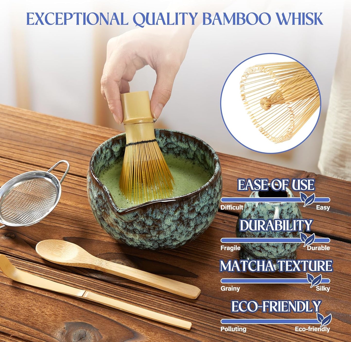 Coradoma® Matcha Tee Set – 7-teiliges Japanisches Bambus Ceremonial Set