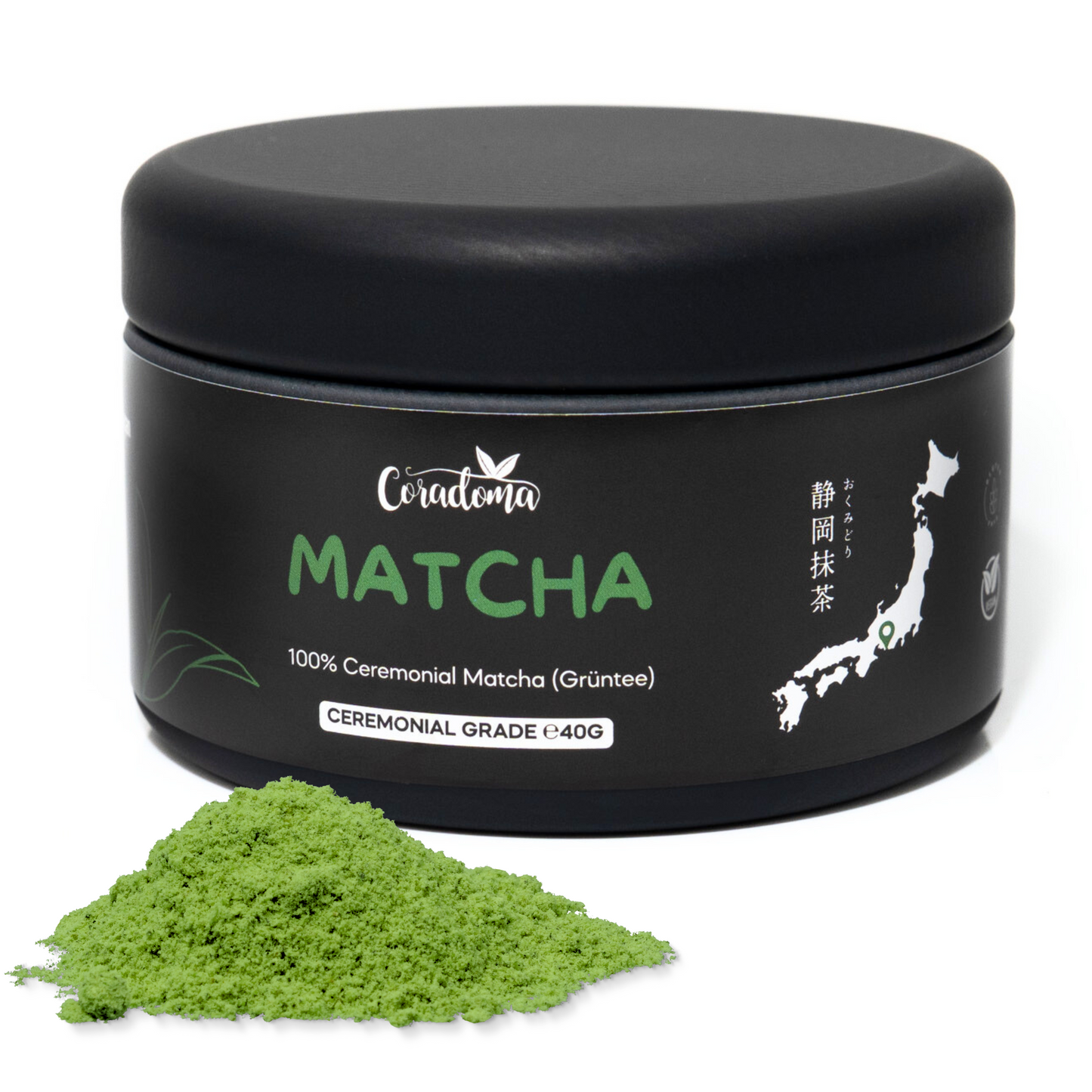 Coradoma® Ceremonial Grade Matcha – Reines Matcha-Pulver aus Japan Shizuoka erste Ernte – 40g Dose / 100g Beutel
