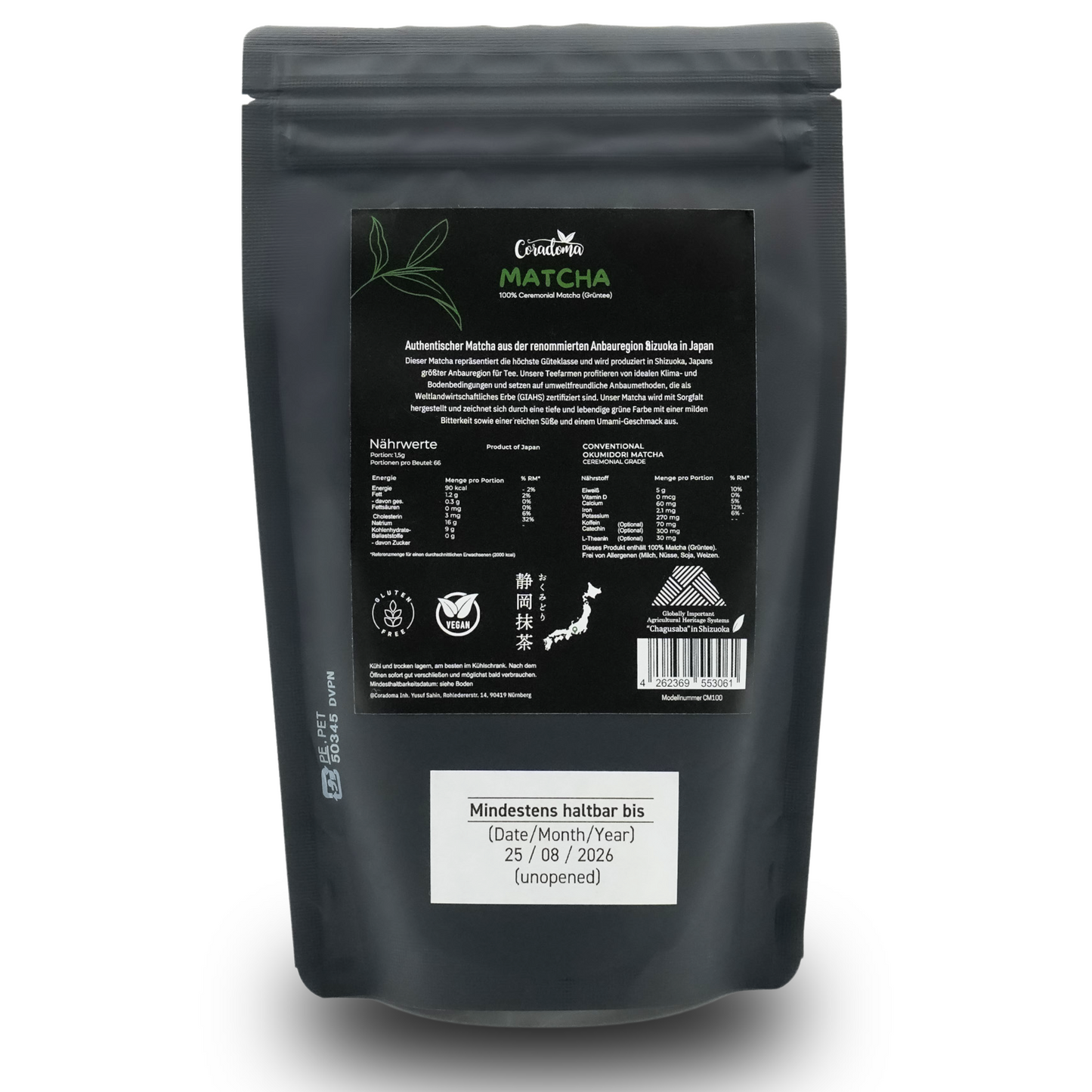 Coradoma® Ceremonial Grade Matcha – Reines Matcha-Pulver aus Japan Shizuoka erste Ernte – 40g Dose / 100g Beutel