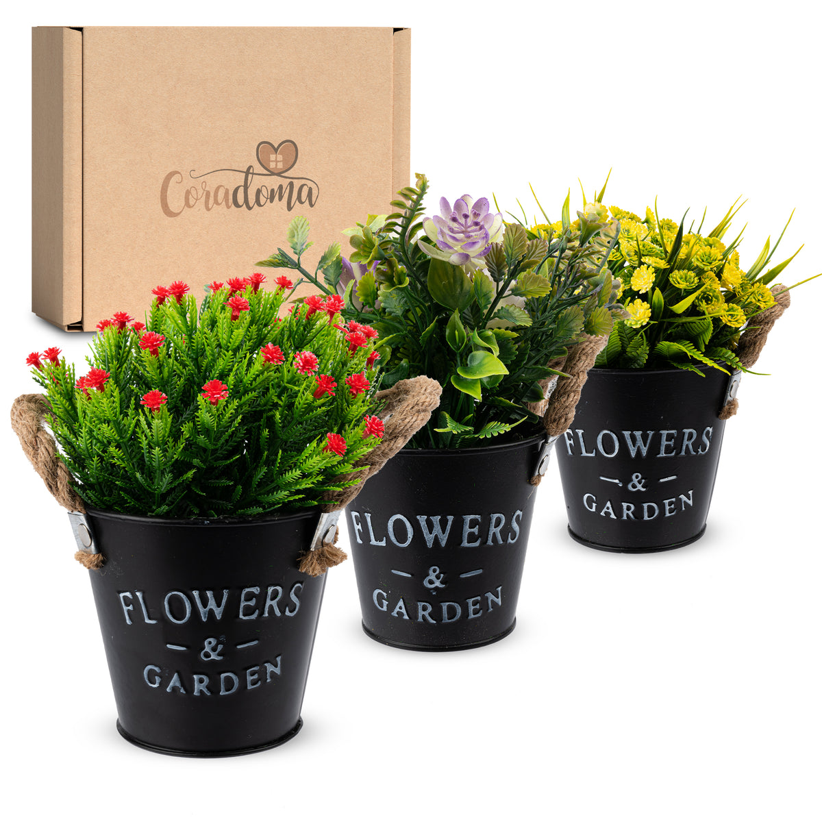 Coradoma® Kunstblumen im Metall Topf 3er Set, Künstliche Pflanzen Deko