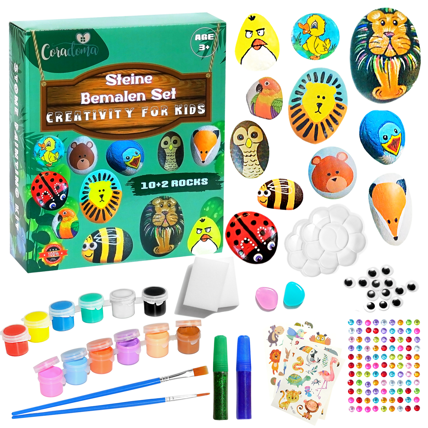 Coradoma® Steine zum Bemalen DIY Set mit 10+2 Steine | Bastelset für Kinder