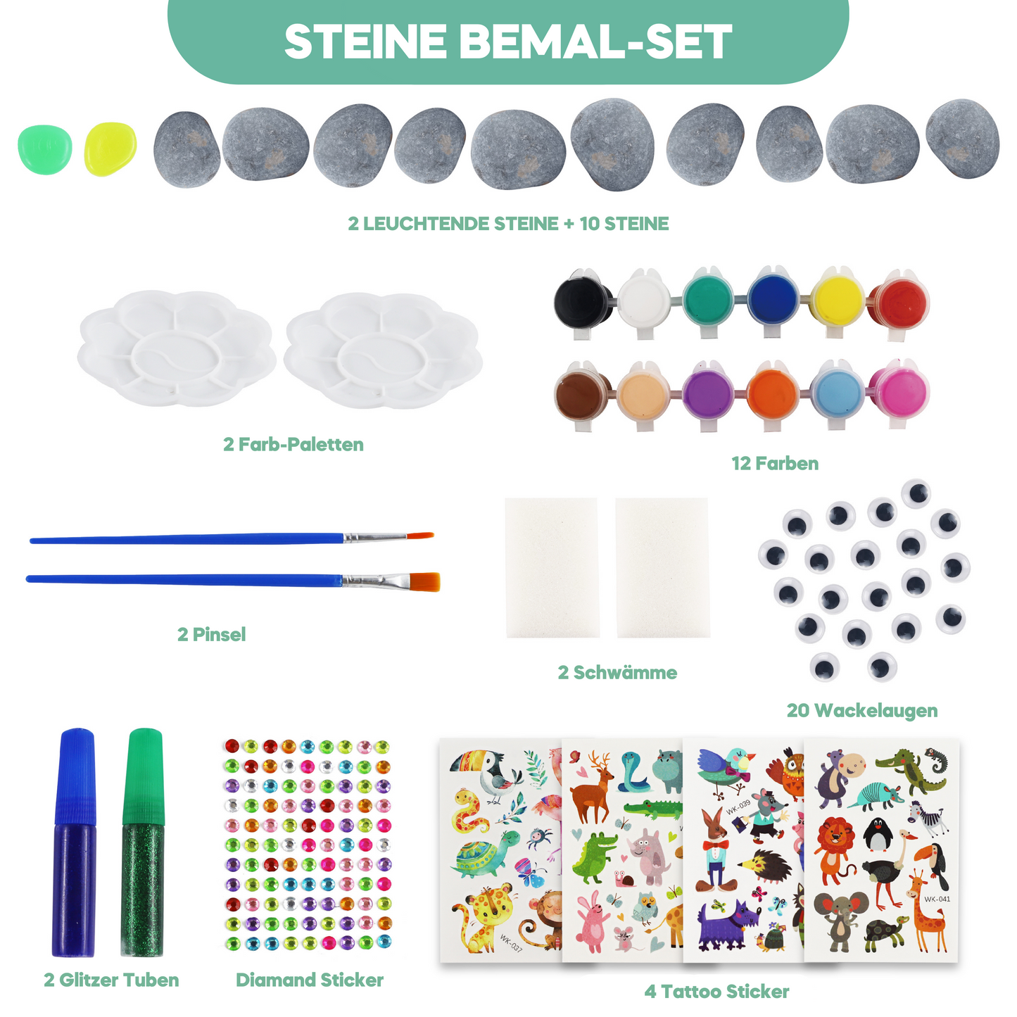 Coradoma® Steine zum Bemalen DIY Set mit 10+2 Steine | Bastelset für Kinder