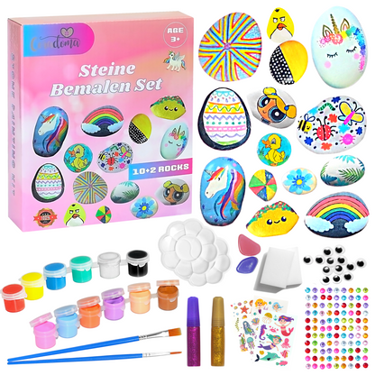 Coradoma® Steine zum Bemalen DIY Set mit 10+2 Steine | Bastelset für Kinder